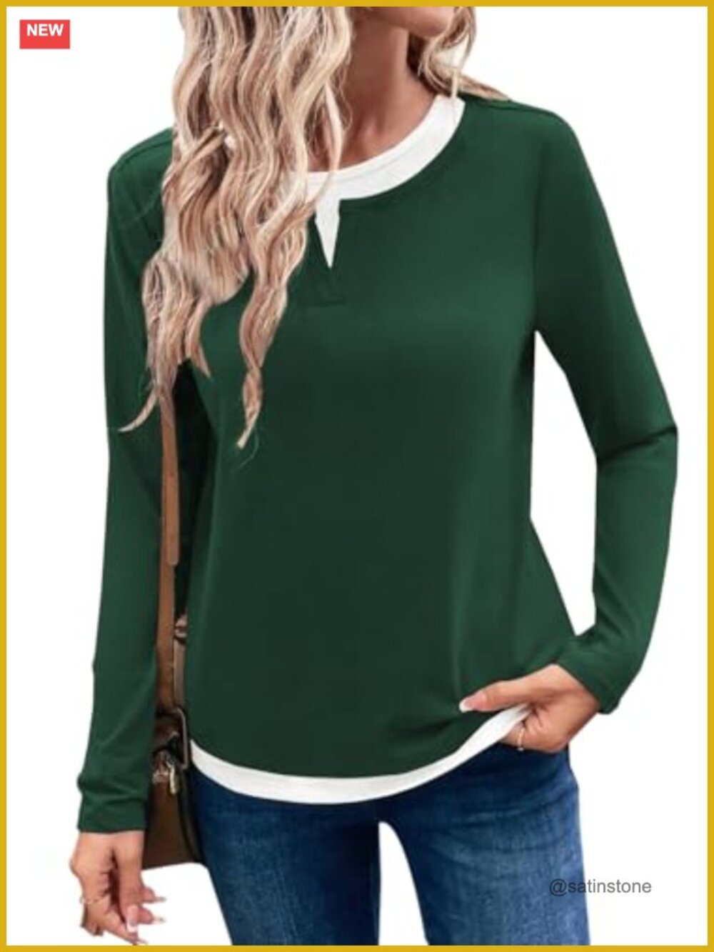 Women's Long Sleeve Color Block T-Shirt Crew Neck Casual Top